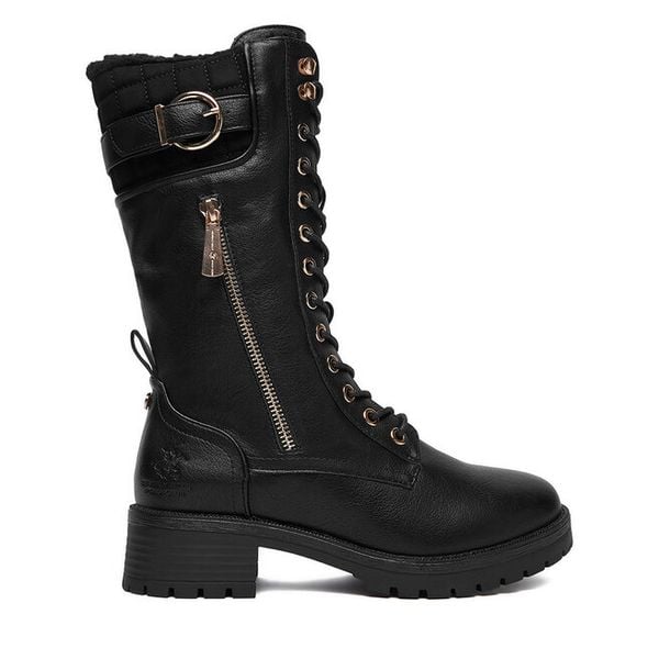 Kozaki Beverly Hills Polo Club. Czarne kozaki Beverly Hills Polo Club, bez wzorów, bez obcasa, na płaskiej podeszwie, bez zapięcia. Za 319,99 zł.