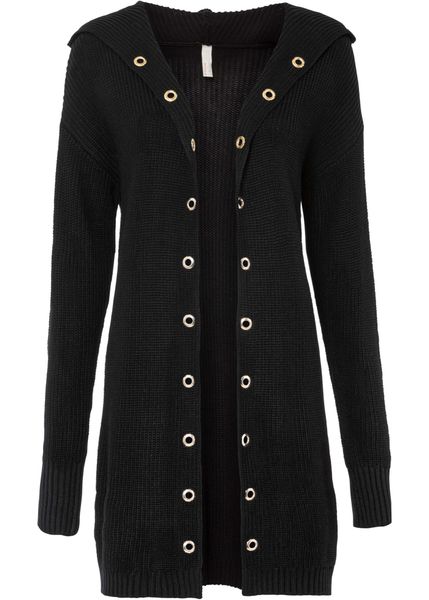 Długi sweter bez zapięcia, z kapturem. Czarne długie swetry bonprix, bez kołnierzyka. Za 169,99 zł.