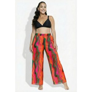 Damskie Spodnie palazzo wzór w fale szeroka nogawka elastyczny pas. Czerwone rajstopy i pończochy Ulla Popken, plus size, bez wzorów, z elastanu. Za 239,99 zł.