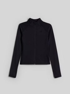 4F Bluza do jogi slim szybkoschnąca damska - czarna S. Czarne bluzy 4f, l, bez wzorów, z włókna, bez kaptura. Za 199,99 zł.