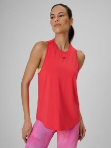4F Top treningowy regular szybkoschnący damski - koralowy XL. Czerwone topy 4f, xl, bez wzorów, z materiału, bez kołnierzyka, bez ramiączek. Za 79,99 zł.