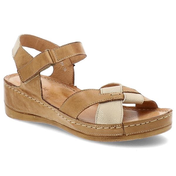 Sandały damskie Wasak, skórzane na platformie z odkrytą piętą na rzep z miękkimi wkładkami, rude złote, 473. Brązowe sandały Wasak, bez wzorów, ze skóry, bez obcasa, na platformie, bez zapięcia. Za 242,90 zł.