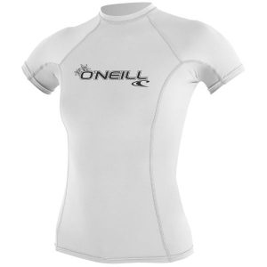 Koszulka do pływania damska O'Neill Basic Skins Rash Guard. Białe bluzki O'Neill, m, bez wzorów, sportowe, bez kołnierzyka, bez ramiączek. Za 159,00 zł.
