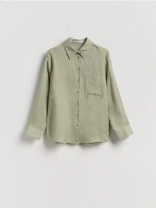 Koszula z lnem - jasnozielony. Zielone koszule Reserved, l, bez wzorów, z tkaniny, bez kołnierzyka, bez ramiączek. Za 119,99 zł.