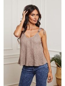Fleur de Lin Lniany top "Filiale" w kolorze beżowym rozmiar: S. Brązowe topy Fleur de Lin, s, bez wzorów, ze lnu, bez kołnierzyka, bez ramiączek. Za 87,81 zł.