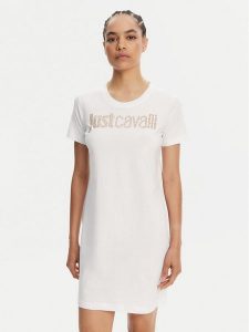 Just Cavalli Sukienka codzienna 78PAOE15 Biały Regular Fit. Białe sukienki Just Cavalli, na co dzień, m, bez wzorów, z bawełny, bez kołnierzyka, bez ramiączek, proste. Za 519,99 zł.