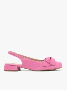 Różowe czółenka slingback bez pięty z kokardką. Czerwone czółenka Ryłko, bez wzorów, z gumy, bez obcasa, na obcasie, bez zapięcia. Za 399,99 zł.