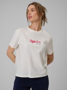 4F T-shirt boxy z nadrukiem damski - beżowy M. Brązowe t-shirty 4f, m, bez wzorów, z bawełny, bez kołnierzyka, bez ramiączek. Za 69,99 zł.