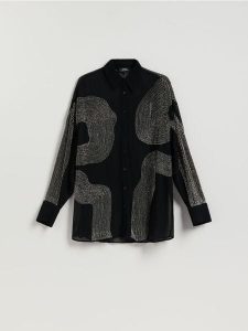 Koszula z ozdobnymi detalami - czarny. Czarne koszule Reserved, l, bez wzorów, z tkaniny, bez kołnierzyka, bez ramiączek. Za 259,99 zł.
