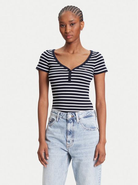 Tommy Jeans T-Shirt Henley DW0DW20902 Granatowy Slim Fit. Niebieskie t-shirty Tommy Jeans, xxs, bez wzorów, z jeansu, bez kołnierzyka, bez ramiączek. Za 109,99 zł.