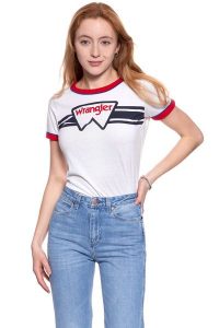 WRANGLER T SHIRT DAMSKI RINGER TEE WHITE W710SEV12 112130909. Białe t-shirty Wrangler, xs, bez wzorów, bez kołnierzyka, bez ramiączek. Za 69,99 zł.