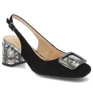 Czółenka damskie S.Barski, ze skóry naturalnej zamszowej odkryta pięta pasek z regulacją ozdobna klamra stabilny obcas elegancki styl, czarne, LZ61-2. Czarne czółenka S.BARSKI, bez wzorów, ze skóry, bez obcasa, na obcasie, bez zapięcia. Za 309,00 zł.