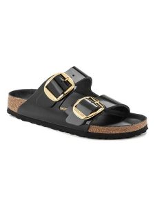 Birkenstock Skórzane klapki "Arizona" w kolorze czarnym rozmiar: 37. Czarne klapki Birkenstock, bez wzorów, z lakierowanej skóry, z otwartym noskiem, bez obcasa. Za 437,17 zł.