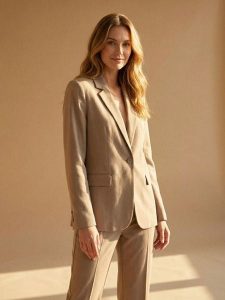 Żakiet z kieszeniami z domieszką wiskozy i lnu - beżowy. Brązowe marynarki i żakiety Sinsay, l, bez wzorów, z wiskozy. Za 79,99 zł.