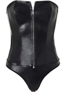 Gorset + stringi z imitacji skóry (komplet 2-częściowy). Czarne komplety bielizny bonprix, bez wzorów, z materiału. Za 144,99 zł.
