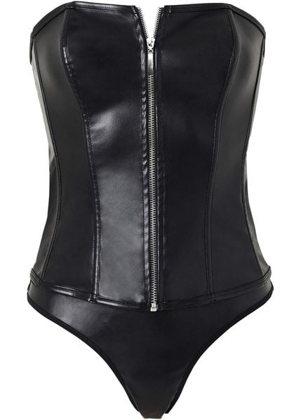 Gorset + stringi z imitacji skóry (komplet 2-częściowy). Czarne komplety bielizny bonprix, bez wzorów, z materiału. Za 139,99 zł.