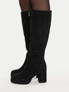DeeZee Kozaki CEO-WS22392-07 Czarny. Czarne kozaki DeeZee, bez wzorów, z materiału, bez obcasa, na słupku, bez zapięcia. Za 219,99 zł.