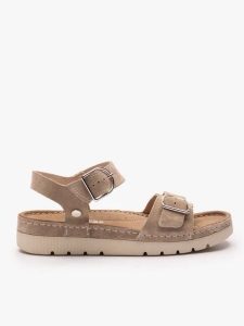 Ciemnobeżowe sandały na grubszym spodzie z dwoma paskami. Brązowe sandały Ryłko, bez wzorów, ze skóry, z okrągłym noskiem, bez obcasa, bez zapięcia. Za 399,99 zł.