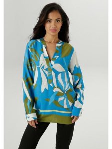 Aniston Bluzka w kolorze oliwkowo-biało-niebieskim rozmiar: 48. Niebieskie bluzki Aniston, bez wzorów, z wiskozy, bez kołnierzyka, bez ramiączek. Za 86,95 zł.