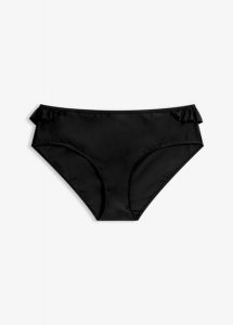 Figi bikini z wysoką talią i falbanką, szybkoschnące. Czarne bikini bonprix, bez wzorów. Za 37,99 zł.