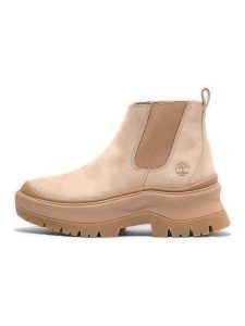 Timberland Skórzane sztyblety "Roxie Lane" w kolorze beżowym rozmiar: 39,5. Brązowe botki Timberland, bez wzorów, bez obcasa, bez zapięcia. Za 503,95 zł.
