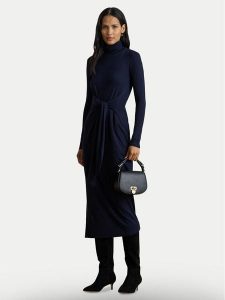 LAUREN RALPH LAUREN Sukienka dzianinowa 200980028001 Granatowy Slim Fit. Niebieskie sukienki Lauren Ralph Lauren, xl, bez wzorów, z bawełny, bez kołnierzyka, bez ramiączek. Za 669,99 zł.