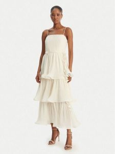 Guess Sukienka koktajlowa W6GKA GW2584 Écru Regular Fit. Białe sukienki Guess, z aplikacjami, z syntetyku, wizytowe, bez kołnierzyka, bez ramiączek. Za 694,99 zł.