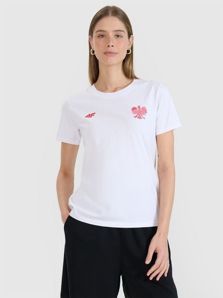 4F Koszulka kibica damska - biała XXL. Białe bluzki 4f, s, bez wzorów, z bawełny, klasyczne, bez kołnierzyka, bez ramiączek. Za 49,99 zł.