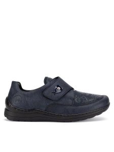 Rieker Półbuty 48951-14 Niebieski. Niebieskie półbuty Rieker, bez wzorów, z materiału, bez obcasa, na płaskiej podeszwie, bez zapięcia. Za 319,99 zł.