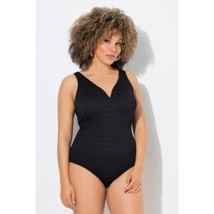 Damskie Strój kąpielowy struktura w romby miękkie miseczki z recyklingu. Czarne stroje jednoczęściowe Ulla Popken, bez wzorów, z elastanu. Za 239,99 zł.