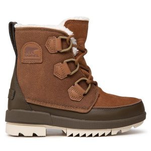 Botki Sorel. Brązowe botki Sorel, bez wzorów, bez obcasa, na płaskiej podeszwie, bez zapięcia. Za 399,99 zł.