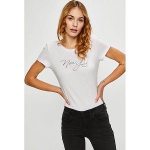 Mustang - Top. Szare t-shirty marki Mustang, z nadrukiem, z bawełny, z okrągłym kołnierzem, z krótkim rękawem. W wyprzedaży za 49,90 zł.