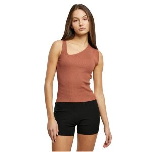 Damski asymetryczny dzianinowy tank top Urban Classics Rib. Brązowe topy Urban Classics, bez wzorów, z dzianiny, z asymetrycznym kołnierzem, bez ramiączek. Za 175,50 zł.