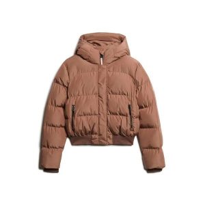 Damska kurtka puchowa Superdry. Brązowe kurtki Superdry, bez wzorów, z puchu, bez kaptura. Za 556,95 zł.