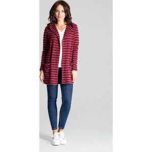 Bordowy Niezapinany Sweter w Paski z Kapturem. Czerwone kardigany Katrus, z elastanu. Za 219,00 zł.