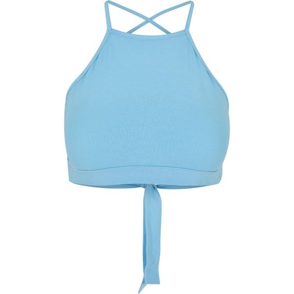 Damski trójkątny tank top Urban Classics. Niebieskie topy Urban Classics, bez wzorów, sportowe, bez kołnierzyka, bez ramiączek. Za 90,00 zł.