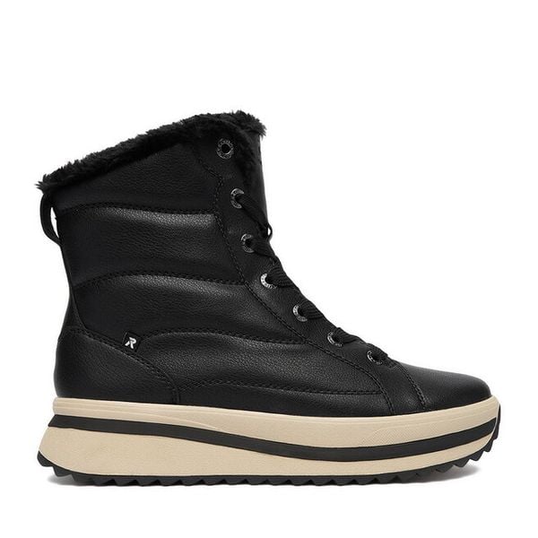 Trzewiki Rieker. Czarne botki Rieker, bez wzorów, bez obcasa, na płaskiej podeszwie, bez zapięcia. Za 499,99 zł.