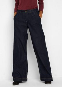 Jeansy o kroju wide leg, high waist z wygodnym pasem. Niebieskie jeansy bonprix, bez wzorów, z jeansu, z podwyższonym stanem. Za 144,99 zł.