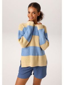 Aniston Sweter w kolorze błękitno-żółtym rozmiar: 36. Niebieskie swetry oversize Aniston, bez wzorów, ze splotem, bez ramiączek. Za 130,99 zł.