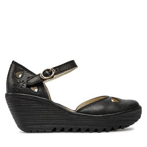 Półbuty Fly London. Czarne czółenka Fly London, bez wzorów, bez obcasa, na koturnie, bez zapięcia. Za 419,99 zł.