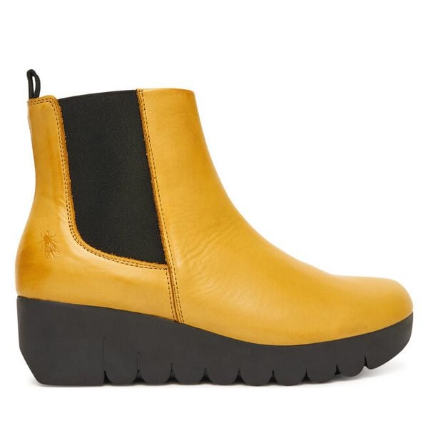 Botki Fly London. Żółte botki Fly London, bez wzorów, bez obcasa, na koturnie, bez zapięcia. Za 459,99 zł.