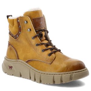 Żółte Botki Mustang Stylowe Ciepłe Obuwie Damskie. Żółte botki Mustang, bez wzorów, ze skóry ekologicznej, bez obcasa, bez zapięcia. Za 279,00 zł.