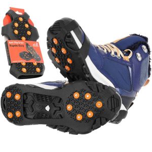 Nakładki antypoślizgowe raczki turystyczne na buty Rapeks Easy. Brązowe buty trekkingowe RAPEKS, bez zapięcia. Za 47,99 zł.