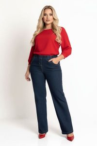 Eleganckie granatowe spodnie Jeangaliny11 o kroju wide leg PLUS SIZE XXL OVERSIZE JESIEŃ. Spodnie z wysokim stanem Moda Size Plus Iwanek, bez wzorów, z bawełny, z podwyższonym stanem. Za 199,90 zł.