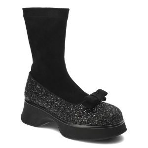 Czarne Botki Sca'Viola Eleganckie Błyszczące Obuwie Damskie Premium. Czarne botki Sca'viola, bez wzorów, z materiału, przed kolano, bez obcasa, bez zapięcia. Za 359,00 zł.