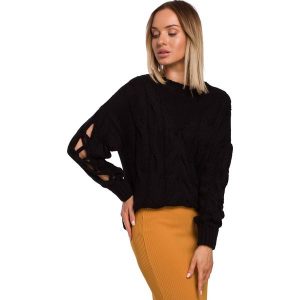 Czarny Sweter z Rozcięciem na Rękawach. Czarne swetry klasyczne MOE, l, z materiału, bez kołnierzyka. Za 219,90 zł.