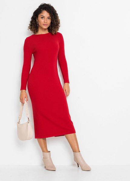 Sukienka dzianinowa z mieszanki wiskozy. Czerwone sukienki bonprix, bez wzorów, z dzianiny, bez kołnierzyka, bez ramiączek, dopasowane. Za 122,99 zł.