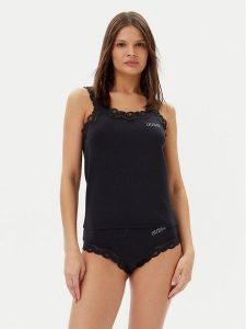 Guess Piżama O5RG04 KBBU1 Czarny Regular Fit. Czarne piżamy Guess, z aplikacjami, z bawełny, bez ramiączek. Za 169,99 zł.
