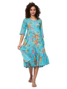 Aller Simplement Sukienka w kolorze turkusowym ze wzorem rozmiar: 38/40. Niebieskie sukienki Aller Simplement, bez wzorów, z bawełny, klasyczne, bez kołnierzyka, bez ramiączek, midi. Za 105,14 zł.