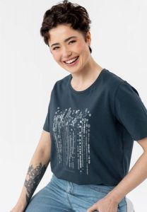 T-shirt z błyszczącym nadrukiem T-SEAR. Białe t-shirty Volcano, m, bez wzorów, z bawełny, bez kołnierzyka, bez ramiączek. Za 59,99 zł.